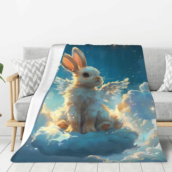 Rateoe Cute Angel Winged Rabbit Pattern Flannel Throw Blanket, Ultra-soft Blanket for Bed, Couch, Car, Hypoallergenic Anti-pilling blanket-40"x30"(Vertical)