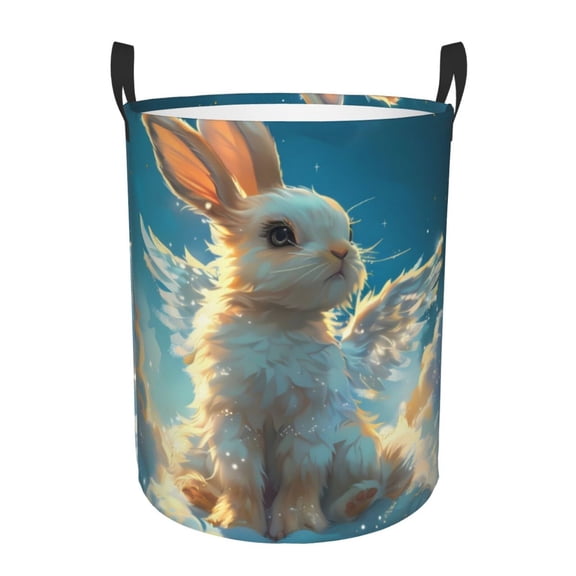 Rateoe Cute Angel Winged Rabbit Pattern Round Laundry Hamper Basket, Tall Hamper Basket for Blanket Storage, Nursery Clothes Hamper for Laundry in Bedroom and College Dorm-
