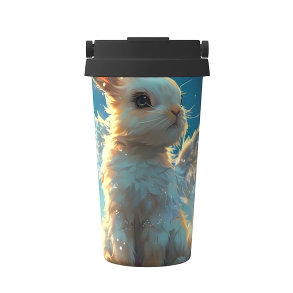 Rateoe Cute Angel Winged Rabbit Pattern Travel Coffee Mug Tumbler with Flip Lid | Reusable Insulated Stainless Steel Cold Brew Iced Coffee Cup Thermos