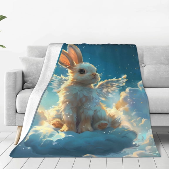 Rateoe Cute Angel Winged Rabbit Print Fuzzy Fleece Throw Blanket Extra Large,Super Soft,Fluffy and Warm Blankets for Couch,Bed,All Season Use (60"x50")