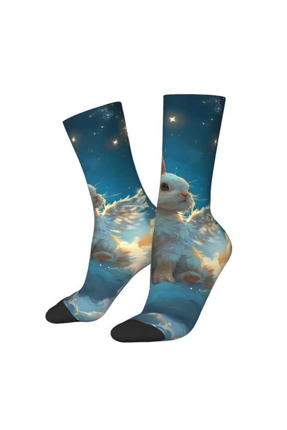 Cute Angel Winged Rabbit for Women Casual Calf Socks - Cute Crew Socks - Thin Soft Above Ankle Socks Size 5-11