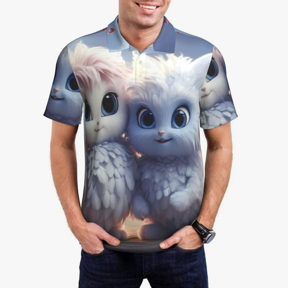 Rateoe Cute Animal Couple Pattern Men's Short Sleeve Polo Shirts, Golf Polo Shirts Short Sleeve Performance Moisture Wicking Dry-3X-Large