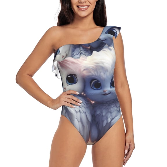 Rateoe Cute Animal Couple Pattern Women One Piece Swimsuits Tummy Control One Shoulder Bathing Suits Ruffle Swimwear-Medium