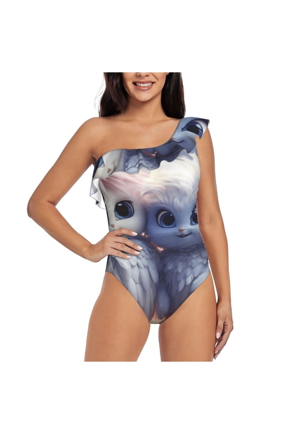 Cute Animal Couple Pattern Women One Piece Swimsuits Tummy Control One Shoulder Bathing Suits Ruffle Swimwear-Medium