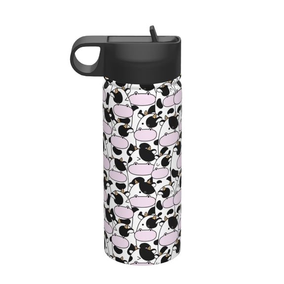 Rateoe Cute Animal with Cow Printed 18oz Sports Insulated Water Bottle, Double-Walled Stainless Steel Kettle with Leak-Proof Straw Lid, Portable & BPA-Free for Outdoor, Gym, Camping, and Travel