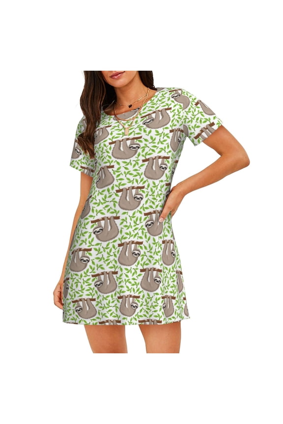 Cute Animal Sloth On A Branch Print Women’s Nightdress – Cozy Cotton Short-sleeved Sleep Shirt, Loose-Fit Sleepwear, Perfect for Relaxing and Sleeping