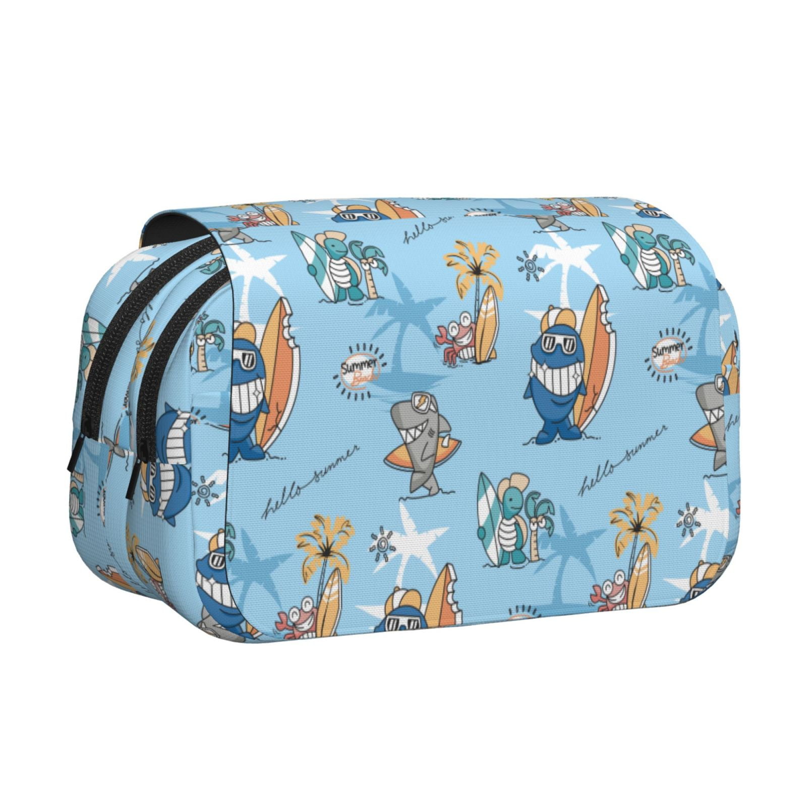 Rateoe Cute Animals Surfers Pattern Double Clamshell Pen Case, Storage Organizer with Two Zipper Compartments– Holds Up to 50 Pencils & Pens