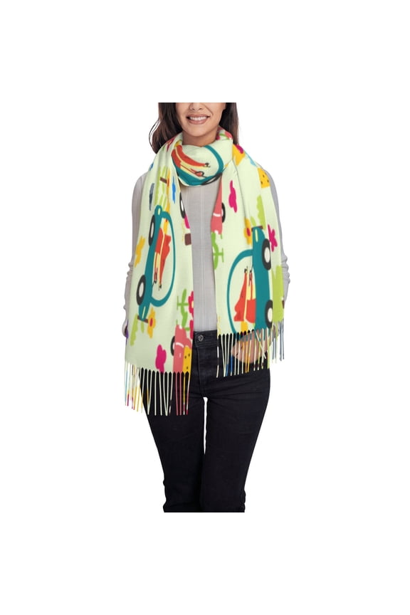 Cute Animals driving a car Printed Women's Traditional Scarf Wrap Tassel Shawl Fringes Neck Head Shawl Retro Scarf