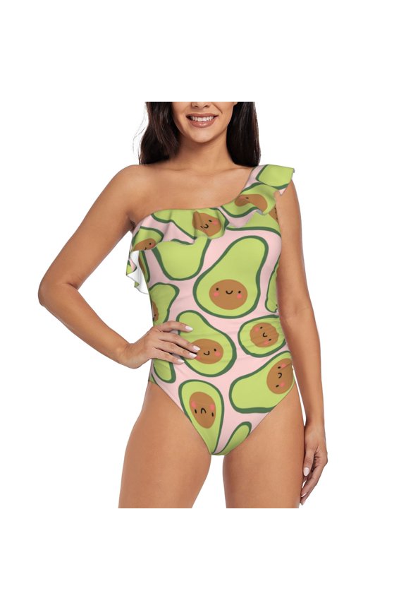 Cute Avocado Pattern Women One Piece Swimsuits Tummy Control One Shoulder Bathing Suits Ruffle Swimwear-