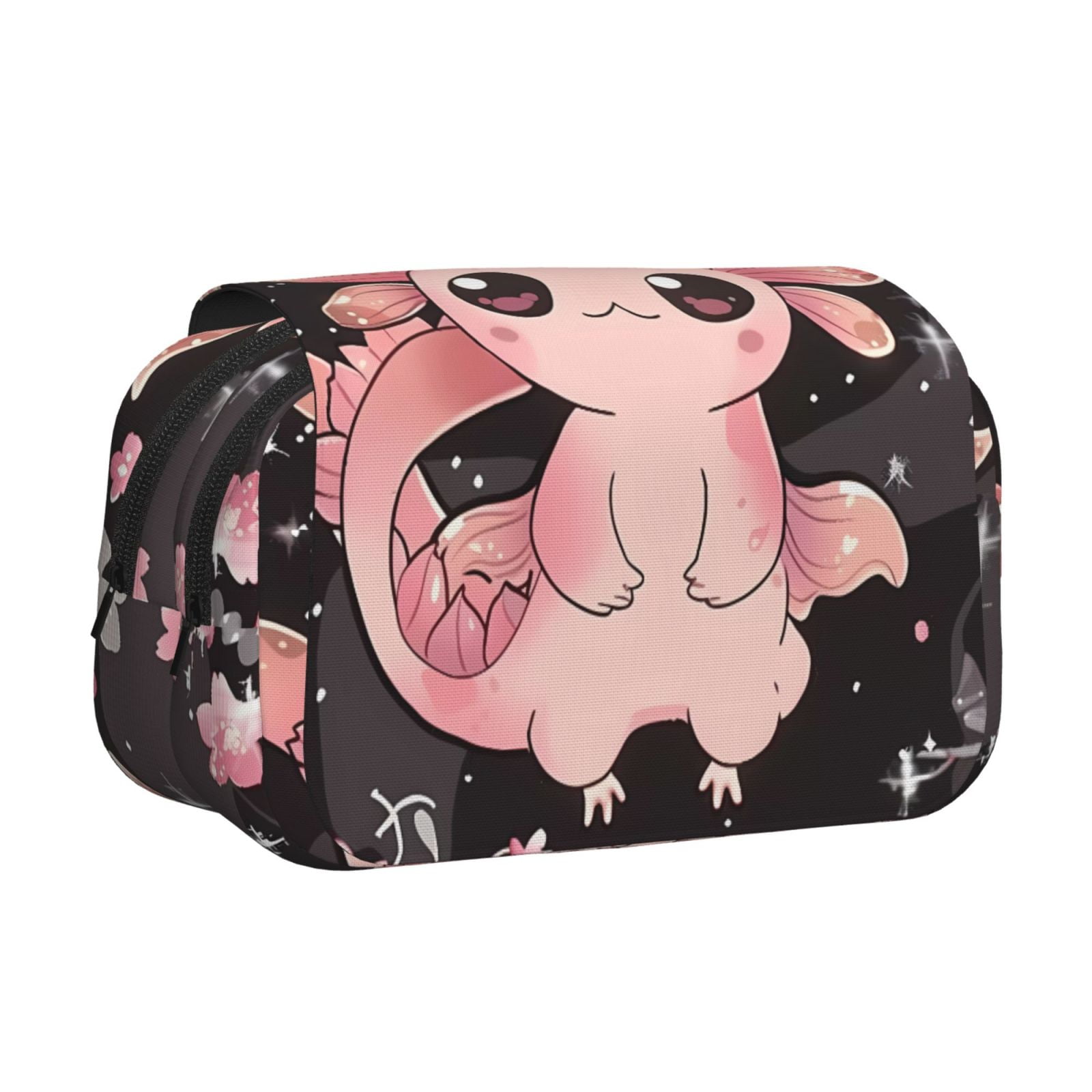 Rateoe Cute Axolotl Sakura Blossoms B Pattern Double Clamshell Pen Case, Storage Organizer with Two Zipper Compartments– Holds Up to 50 Pencils & Pens