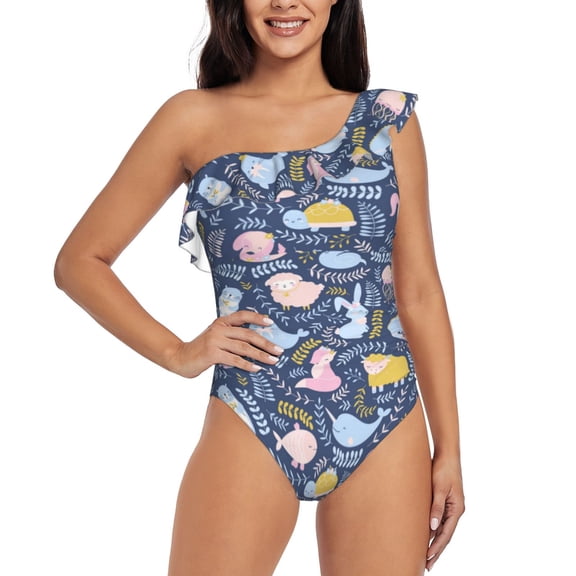 Rateoe Cute Baby Animals Pattern Women One Piece Swimsuits Tummy Control One Shoulder Bathing Suits Ruffle Swimwear-