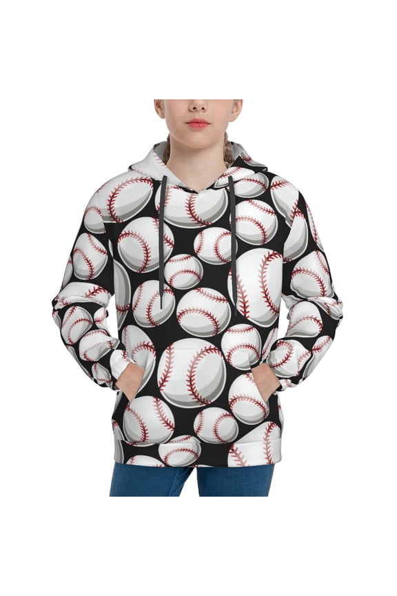 Cute Baseball Pattern Boys Hoodie, Youth Pullover Hooded Sweatshirt, Kangaroo Pocket Hoodie for Kids-Large