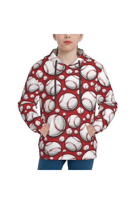 Cute Baseball Pattern Boys Hoodie, Youth Pullover Hooded Sweatshirt, Kangaroo Pocket Hoodie for Kids-X-Large