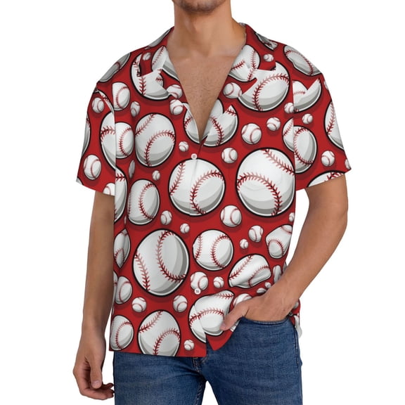 Rateoe Cute Baseball Pattern Men's Short Sleeve Classic Shirt, Casual Short-Sleeved Shirt, Lightweight Summer Shirt, Cuban Collar Shirt,Button-Front Shirt-3X-Large