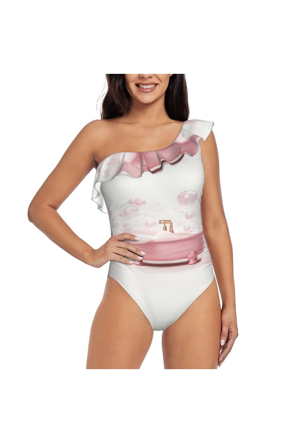 Cute Bathtub Pattern Women One Piece Swimsuits Tummy Control One Shoulder Bathing Suits Ruffle Swimwear-