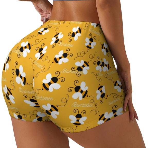 Rateoe Cute Bee Butterfly Yelllow Printed Power Workout Shorts for Women Tummy Control Squat Proof Ribbed Thick Seamless Scrunch Active Short-Small
