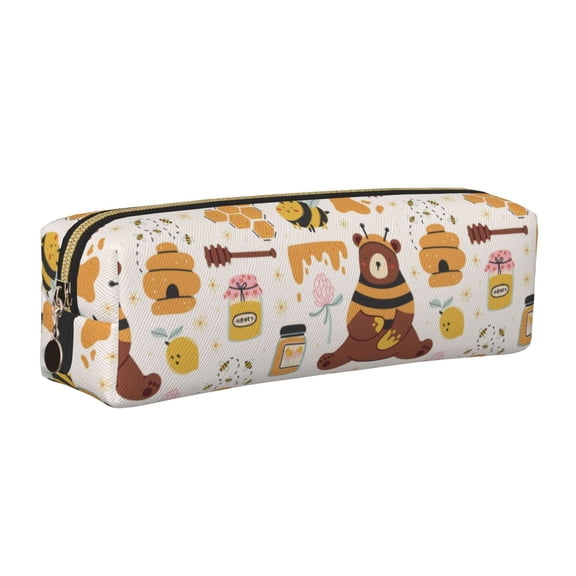 Rateoe Cute Bee Honey Jar Hive Bear Print Leather Pencil Case with Smooth Zipper, Compact Storage for Writing Tools & Art Supplies, 8.26" x 1.96" x 2.16"