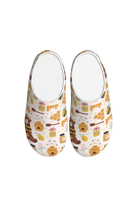 Cute Bee Honey Jar Hive Bear Print Women's Men's Cotton Knit Slippers Lightweight Memory Foam Indoor House Shoes with Anti-Skid Sole-37/38