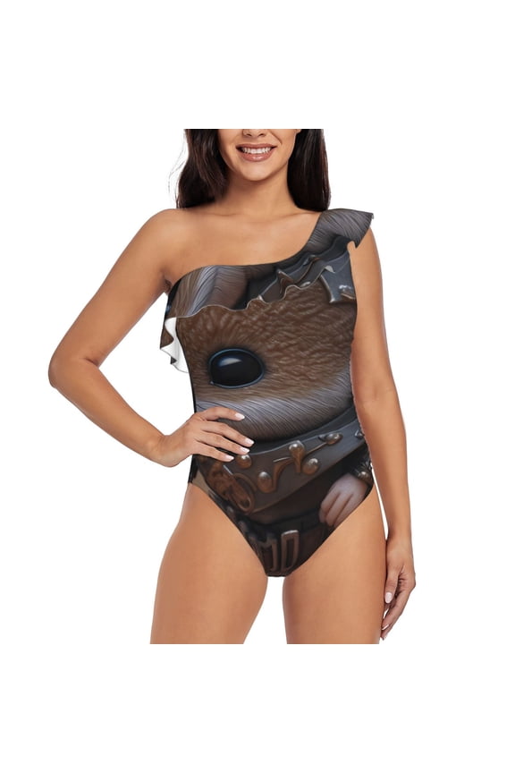 Cute Big-Eared Mouse Pattern Women One Piece Swimsuits Tummy Control One Shoulder Bathing Suits Ruffle Swimwear-