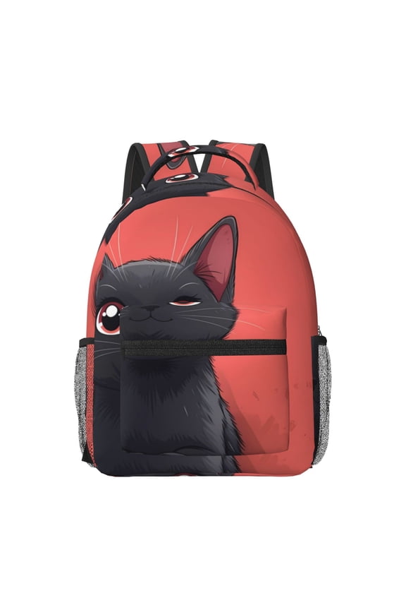 Cute Black Kitten Cartoon Pattern Durable Student Backpack Laptop Bag- Ergonomic Design, Waterproof Twill Fabric - Ideal for School, Travel, and Outdoor Activities-One Size