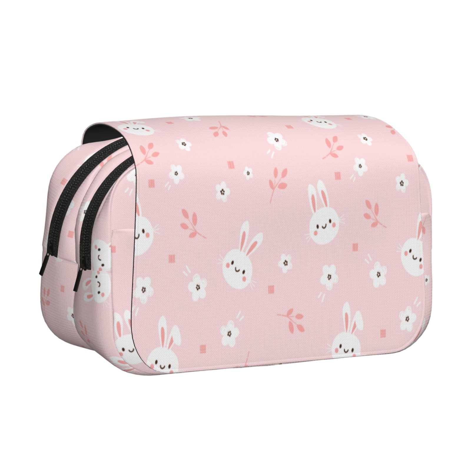 Rateoe Cute Bunny Pattern Double Clamshell Pen Case, Storage Organizer with Two Zipper Compartments– Holds Up to 50 Pencils & Pens