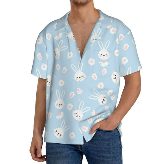 Rateoe Cute Bunny Pattern Men's Short Sleeve Classic Shirt, Casual Short-Sleeved Shirt, Lightweight Summer Shirt, Cuban Collar Shirt,Button-Front Shirt-Large