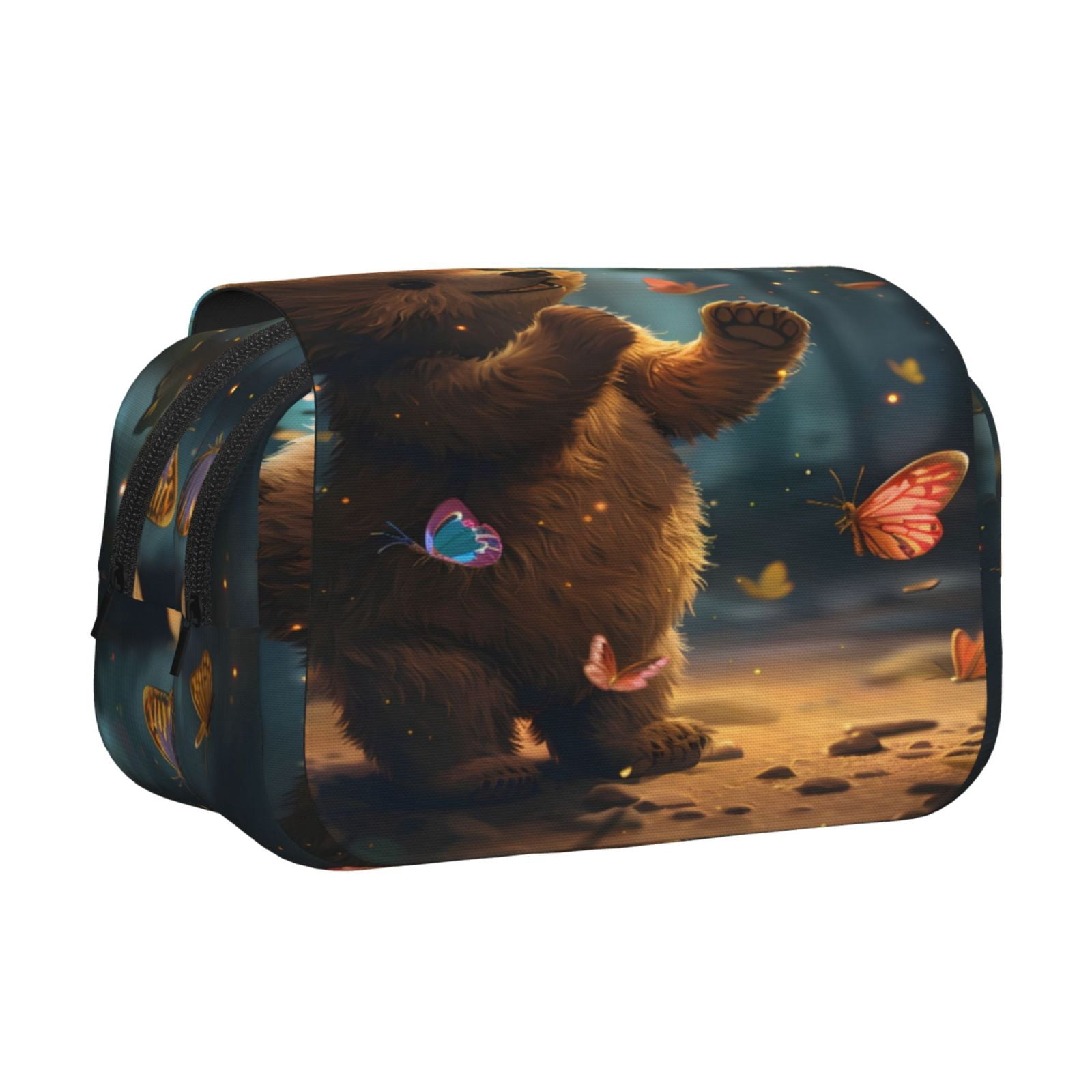 Rateoe Cute Butterfly Bear Pattern Double Clamshell Pen Case, Storage Organizer with Two Zipper Compartments– Holds Up to 50 Pencils & Pens