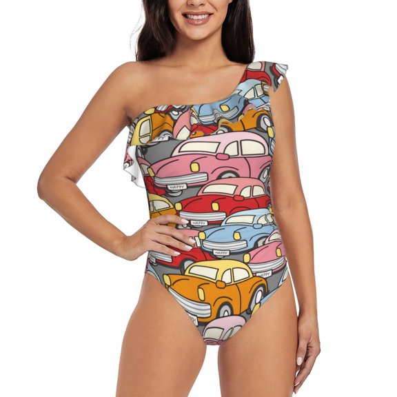 Rateoe Cute Cars Pattern Women One Piece Swimsuits Tummy Control One Shoulder Bathing Suits Ruffle Swimwear-