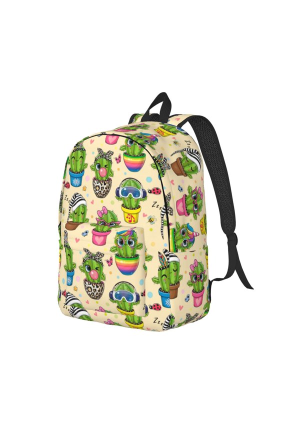 Cute Cartoon Cactus Pattern Durable Canvas Backpack for Men & Women – Stylish & Lightweight – Adjustable Straps, Multiple Pockets – Fits 15-17 Inch LaptopsSmall