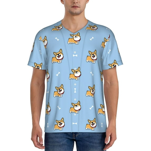 Rateoe Cute Cartoon Corgi Pattern Men’s Baseball Short Sleeve Polo Shirt, Midweight Men's Shirt Golf Shirt Polo Shirts Quick Dry Short-Medium