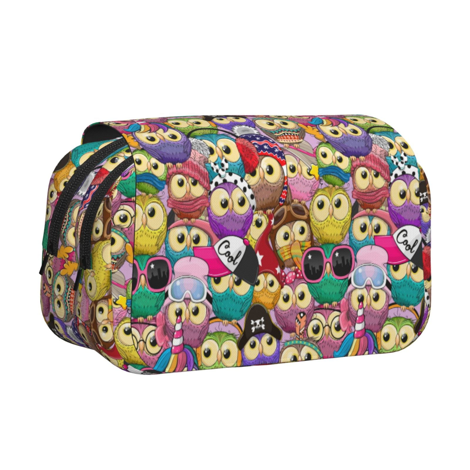 Rateoe Cute Cartoon Owls Pattern Double Clamshell Pen Case, Storage Organizer with Two Zipper Compartments– Holds Up to 50 Pencils & Pens