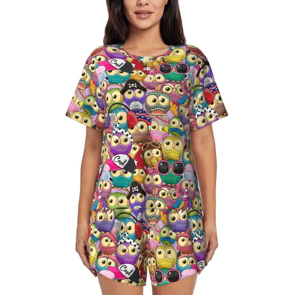 Rateoe Cute Cartoon Owls Pattern Women's Short-Sleeved Pajama Set - 2 Piece Soft and Lightweight Sleepwear Set-Large