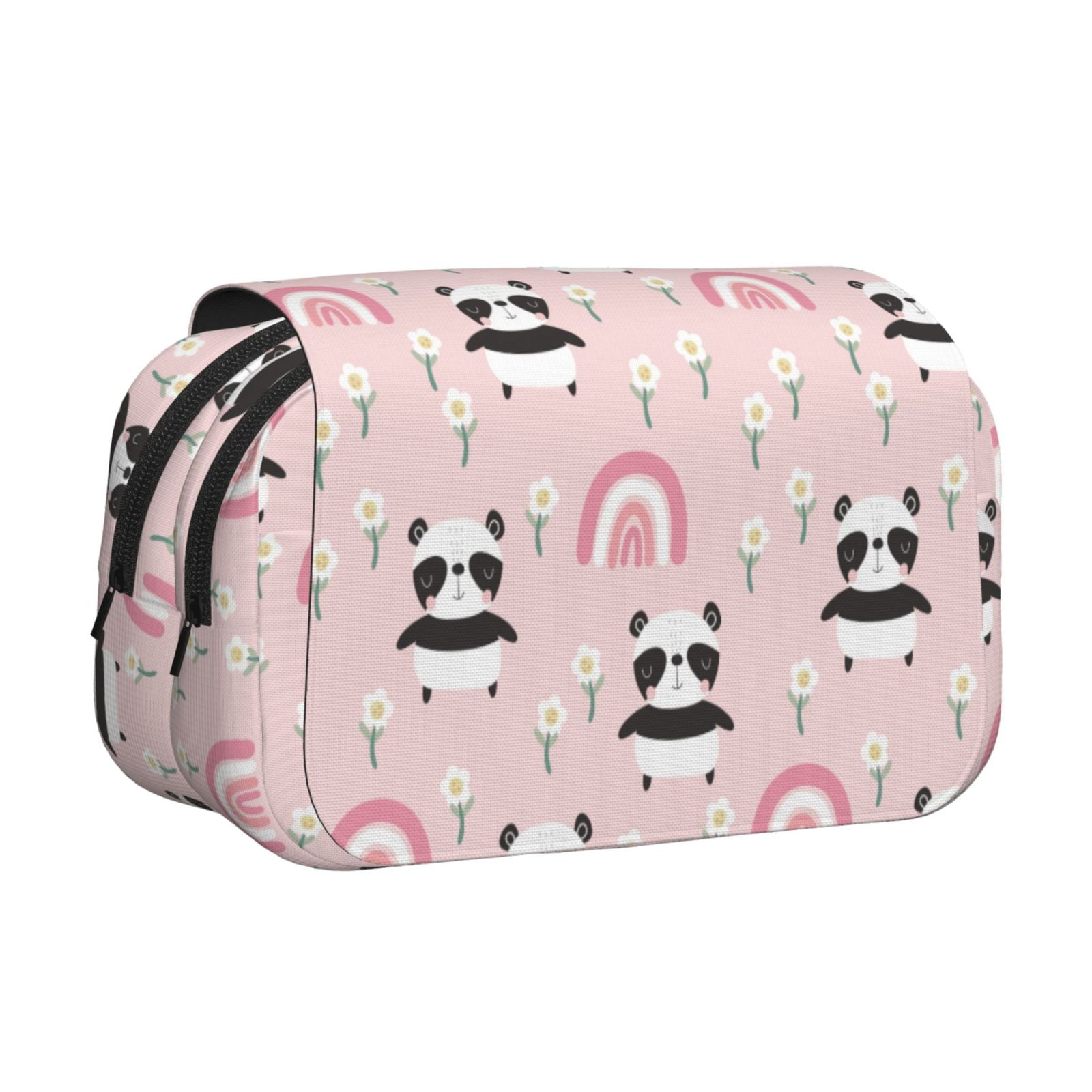Rateoe Cute Cartoon Panda Pattern Double Clamshell Pen Case, Storage Organizer with Two Zipper Compartments– Holds Up to 50 Pencils & Pens