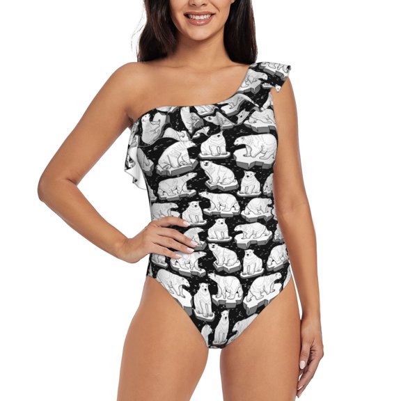 Rateoe Cute Cartoon Polar Bear Pattern Women One Piece Swimsuits Tummy Control One Shoulder Bathing Suits Ruffle Swimwear-Small