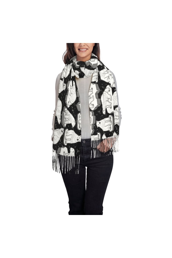 Cute Cartoon Polar Bear Women's Traditional Scarf Wrap Tassel Shawl Fringes Neck Head Shawl Retro Scarf