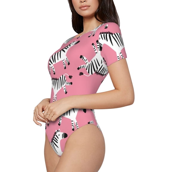 Rateoe Cute Cartoon Zebra Printed Women Rash Guard Short Sleeve,Tummy control Swimsuit Surfing Swimsuit Bathing Suit Short-sleeved Onesie UPF 50+