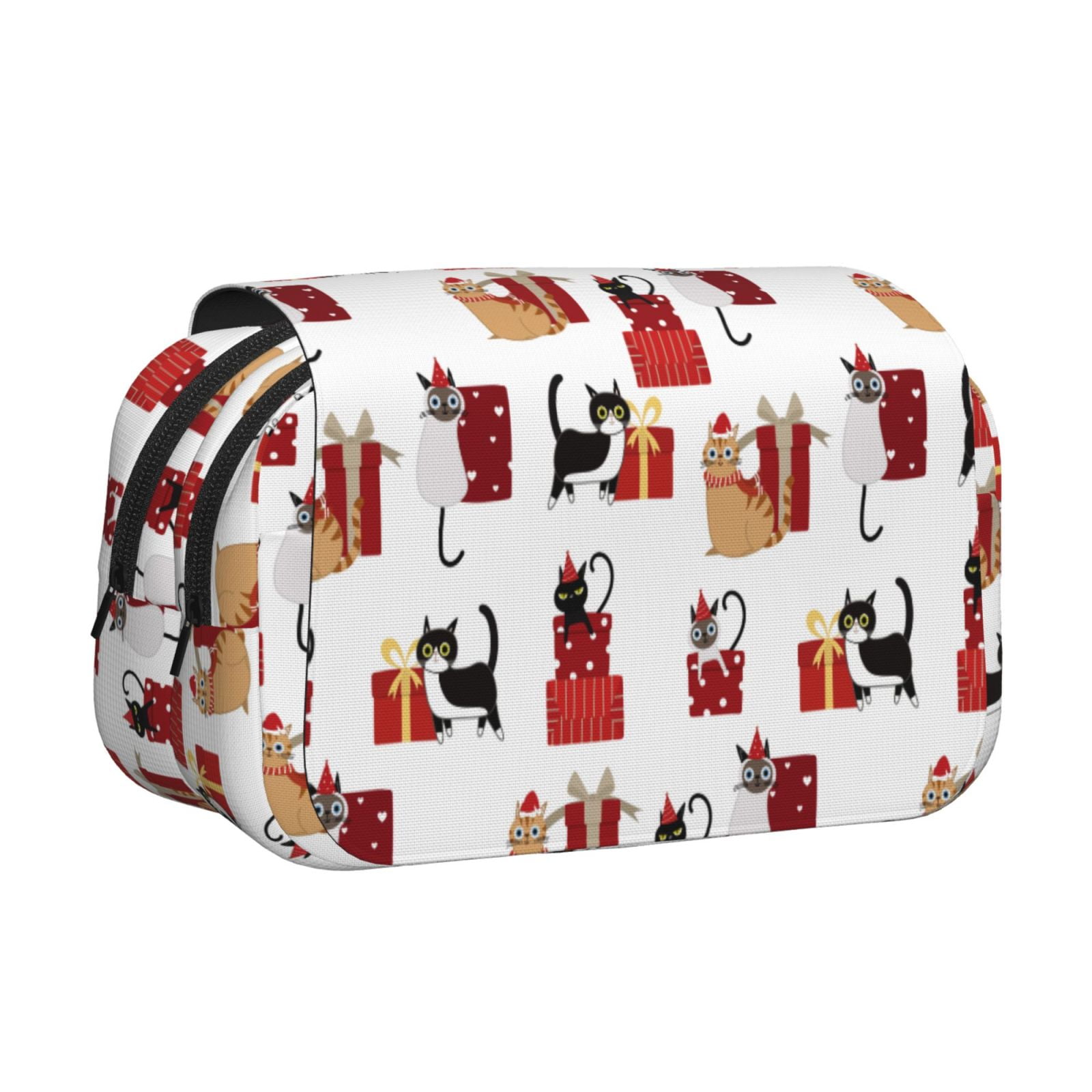 Rateoe Cute Cat And Christmas Gift Pattern Double Clamshell Pen Case, Storage Organizer with Two Zipper Compartments– Holds Up to 50 Pencils & Pens