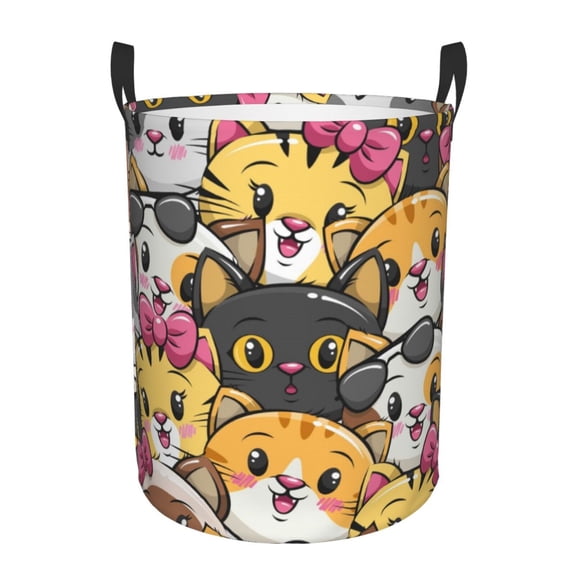 Rateoe Cute Cat Cartoon Pattern Round Laundry Hamper Basket, Tall Hamper Basket for Blanket Storage, Nursery Clothes Hamper for Laundry in Bedroom and College Dorm-Small
