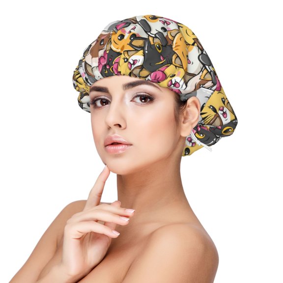 Rateoe Cute Cat Cartoon Pattern Silk Satin Hair Bonnet for Sleeping, Adjustable Sleep Cap Turban for Women , Curly Straight Hair Long Large Braid