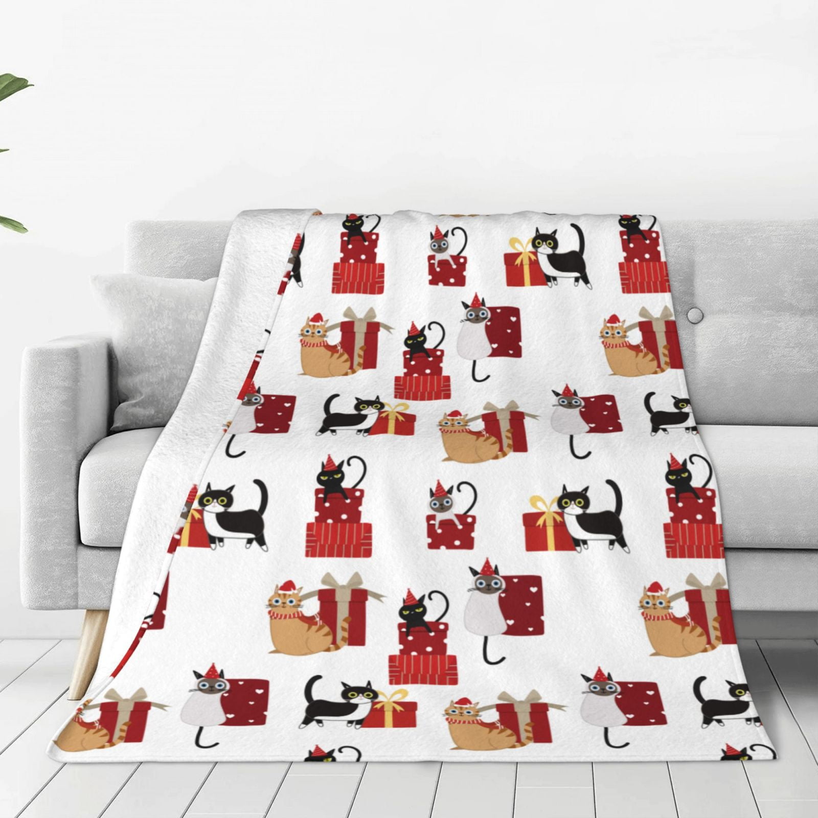 Rateoe Cute Cat And Christmas Gift Print Fuzzy Fleece Throw Blanket Extra Large,Super Soft,Fluffy and Warm Blankets for Couch,Bed,All Season Use (40"x30")