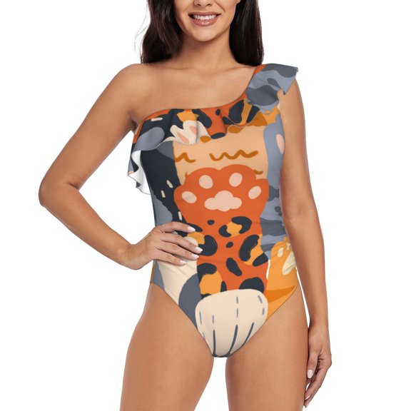 Rateoe Cute Cat Paw Pattern Women One Piece Swimsuits Tummy Control One Shoulder Bathing Suits Ruffle Swimwear-Medium