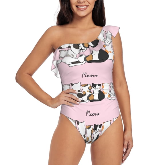 Rateoe Cute Cats Pattern Women One Piece Swimsuits Tummy Control One Shoulder Bathing Suits Ruffle Swimwear-Medium