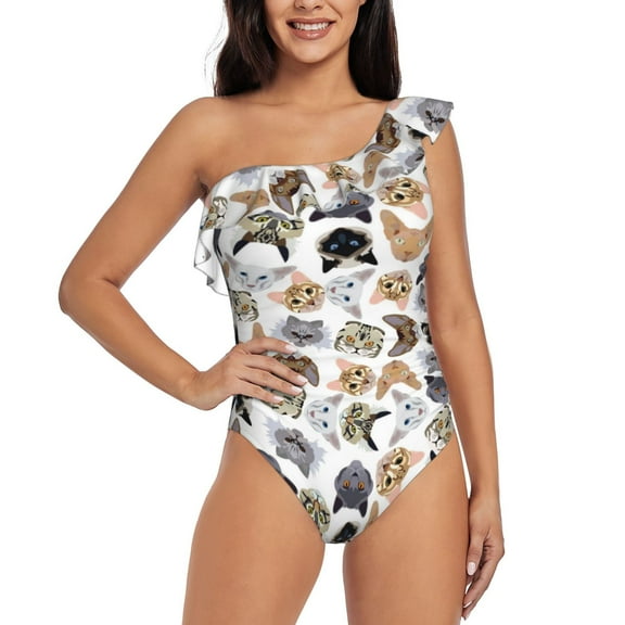 Rateoe Cute Cats Pattern Women One Piece Swimsuits Tummy Control One Shoulder Bathing Suits Ruffle Swimwear-X-Large