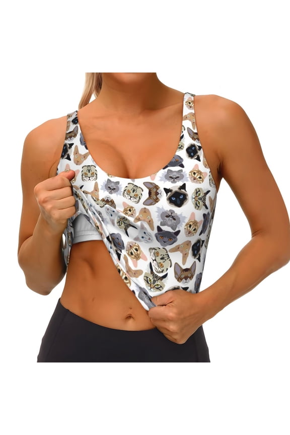 Cute Cats Print Womens' Sports Bras Scoop Neck Sports Vest- Padded U Back Seamless High Impact Support