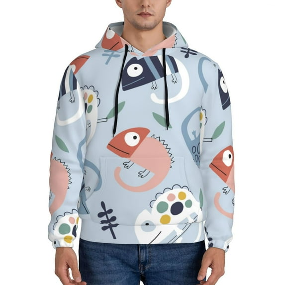 Rateoe Cute Chameleons On Blue Pattern Mens Hoodie, Pullover Hooded Sweatshirt, Kangaroo Pocket Hoodie Ideal for Daily Wear, Travel and Home-3X-Large