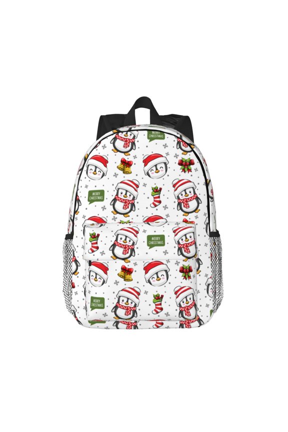 Cute Christmas Hat Penguin A Pattern Student Backpack Water-resistant Backpack 15-inch Laptop Backpack Lightweight Adjustable School Backpack
