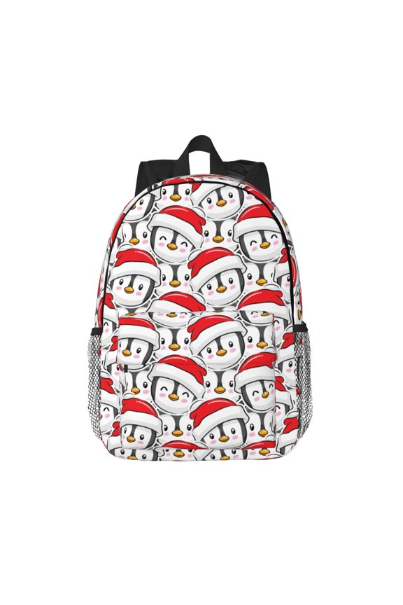 Cute Christmas Hat Penguin Pattern Student Backpack Water-resistant Backpack 15-inch Laptop Backpack Lightweight Adjustable School Backpack