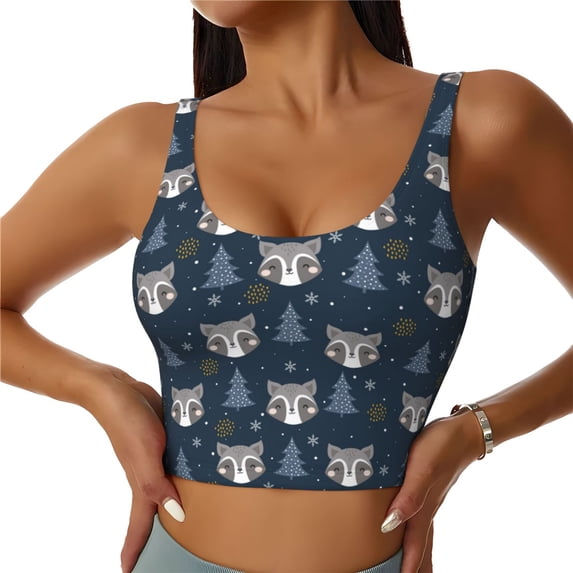 Rateoe Cute Christmas Tree Raccoon Print Womens' Sports Bras Scoop Neck Sports Vest- Padded U Back Seamless High Impact Support-