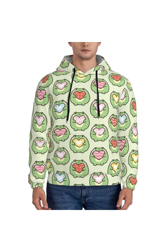 Cute Chubby Frog Pattern Mens Hoodie, Pullover Hooded Sweatshirt, Kangaroo Pocket Hoodie Ideal for Daily Wear, Travel and Home-Small