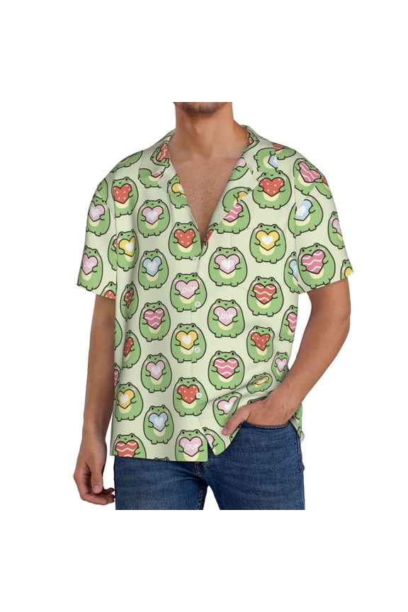 Cute Chubby Frog Print Mens Front Pocket Hawaiian Shirts Casual Shirts Short Sleeve Button Down Beach Tropical Shirts-Small